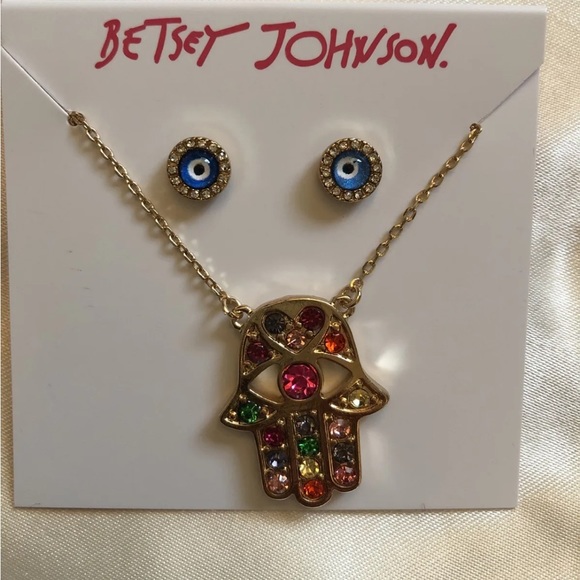Betsey Johnson Gold Tone Hamsa Hand Pendant Necklace + Evil Eye Stud Earrings - Picture 3 of 11